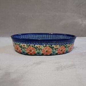 Polish Pottery Ceramika Artystyczna Blue Floral 8 In Oval Stoneware Baker